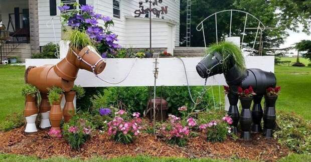 Замечательные лошадки из садовых кашпо дача, дачный участок, идеи для дачи, своими руками, сделай сам