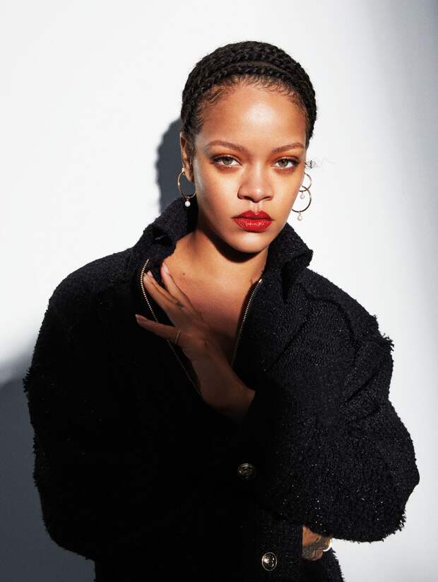 Chanel coat; Mateo New York pearl hoops. Fenty BeautyStunna Lip Paint Longwear Fluid Lip Color in Uncensored ($25)