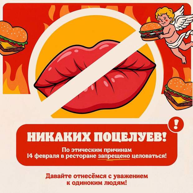 И в Рязани тоже: 14 февраля – в день всех Влюбленных – «Бургер Кинг» запретил целоваться в этом заведении