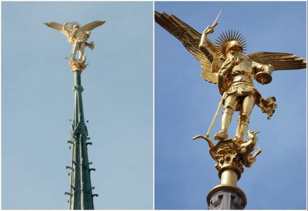 Статуя святого Архангела Михаила на шпиле католического храма (Mont Saint-Michel, Франция).