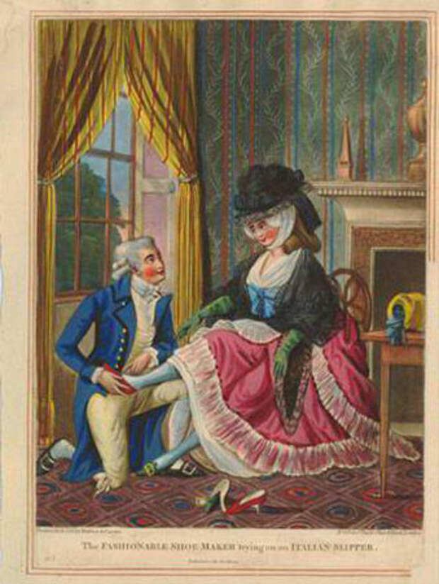 Дама в шляпке примеряет обувь, иллюстрация XVIII века