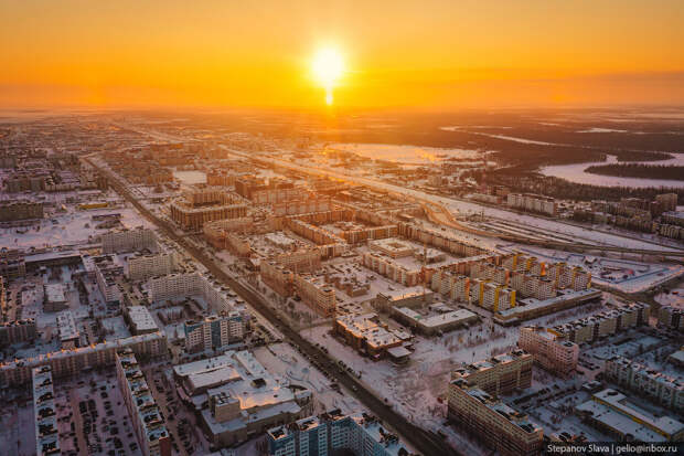 новый уренгой, закат, с высоты