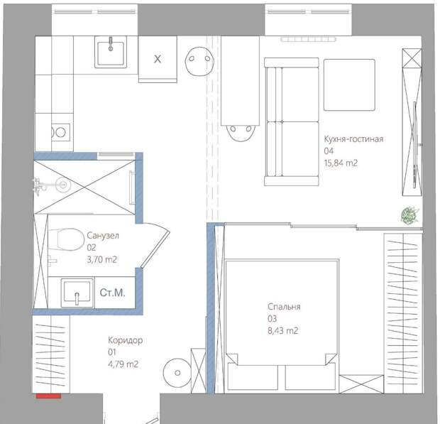 Вот такой вариант перепланировки разработала студия MARI GRI interiors по заказу хозяйки. Для спальни выделили отдельный закуток. А между кухней и комнатой убрали стену