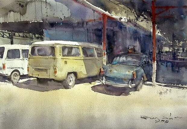 Ещё одна работа из серии «Старые автомобили». Акварельная живопись. Таиландский художник Дирек Кингнок (Direk Kingnok).