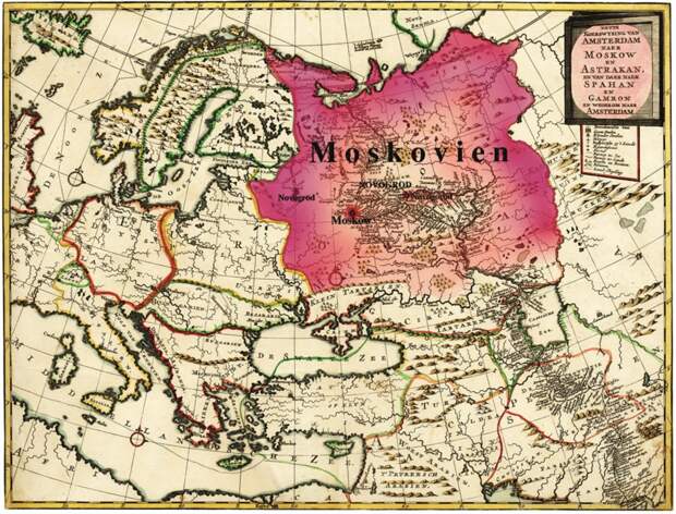 Карта 1717г. Цветом выделена Московия, Российская Империя времён Петра I.