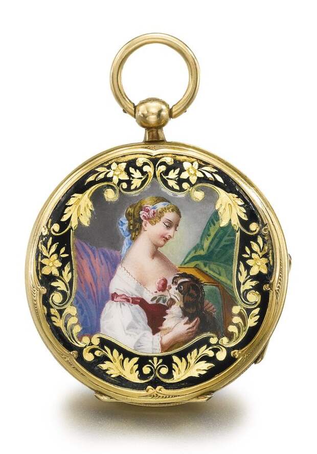 Yellow Gold And Enamel Open Faced Watch, Case Back With Polychrome Enamel Scene Depicting A Lady Holding A Spaniel, Black Enamel Border With Engraved Foliate Decoration c.1850 - Sotheby's: 