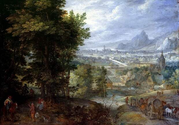 Пейзаж с видом на деревню. 1603. Музей Ганновера, Автор: Brueghel, Jan The Elder (1568-1625) (Ян Старший (1568-1625) Брейгель)Brueghel, Jan The Elder (1568-1625) (Живопись на Gallerix.ru)