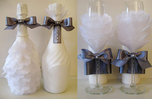 Серо-белый декор бутылок на свадьбу