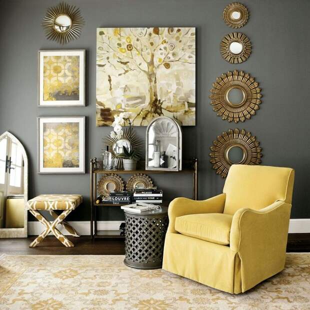 Интересное и очень привлекательное сочетание бронзового и желтого в интерьер гостиной позволит создать невероятный интерьер.