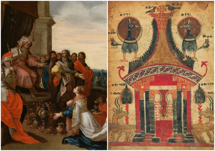 Слева направо: Царь Соломон принимает царицу Савскую, Франс Франкен II, 1620-1629 годы. \ Двусторонний лист Евангелия, начало 14 века.