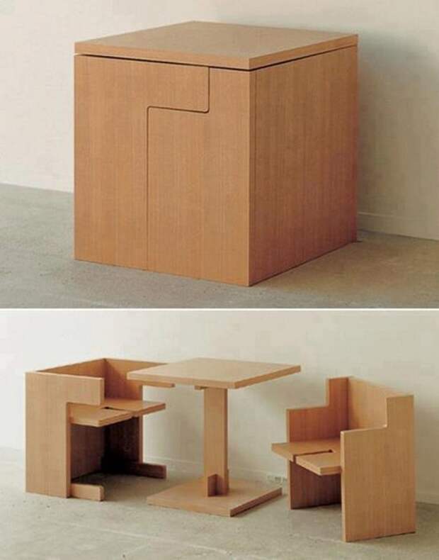 Несколькими движениями большой деревянный кубик превращается в удобную детскую мебель. 
