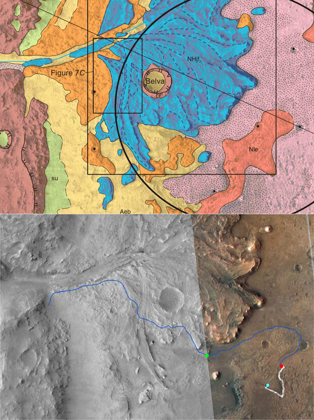 Рис. 3. Фрагмент геологической карты кратера Езеро и маршрут марсохода Perseverance