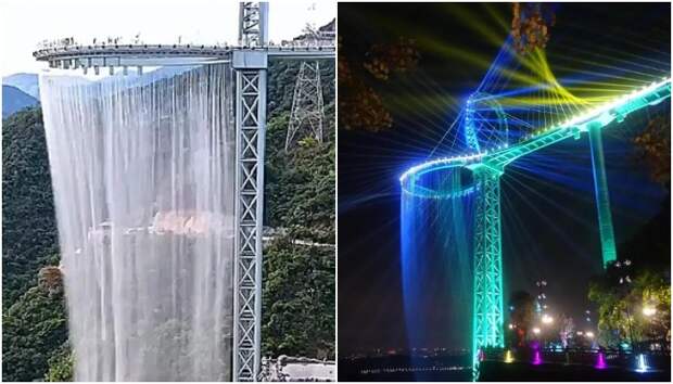 В дневное время поток воды сопровождается музыкой, а вот поздно вечером он загорается разноцветными огнями (Huangtengxia Tianmen Sky Walk, Гуандун). В дневное время поток воды сопровождается музыкой, а вот поздно вечером он загорается разноцветными огнями (Huangtengxia Tianmen Sky Walk, Гуандун).