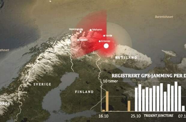 Кадры с тв-трансляции, где показывается зона влияния систем РЭБ на территорию Норвегии.