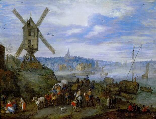 Речная пристань с мельницей. ок1608. Лувр, Автор: Brueghel, Jan The Elder (1568-1625) (Ян Старший (1568-1625) Брейгель)Brueghel, Jan The Elder (1568-1625) (Живопись на Gallerix.ru)