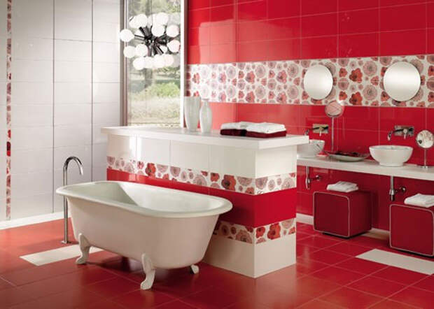 красный цвет в дизайне ванной комнаты, bathroom in red, red bathroom, красная ванная, фото красной ванной комнаты