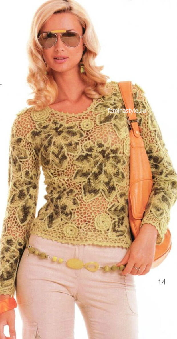 Пуловер с листьями крючком