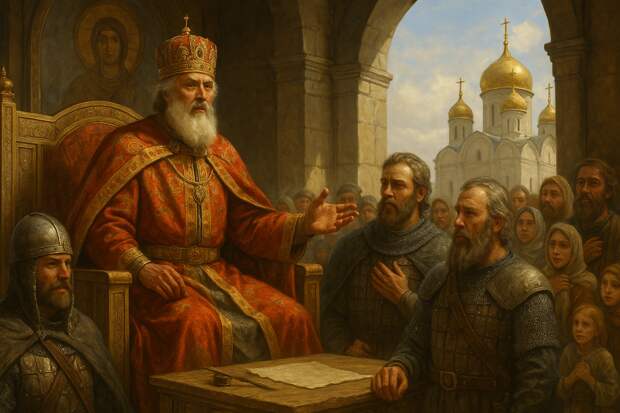 князь на троне в окружении дружины