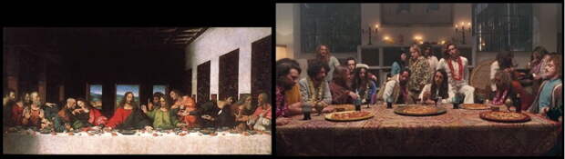 Фреска Леонардо да Винчи «Тайная вечеря» и кадр из комедийного кинофильма Пола Томаса Андерсона «Врождённый порок» (2014) живопись, кинокадры