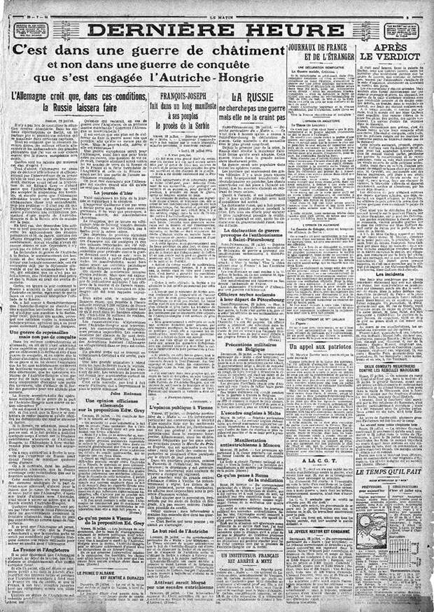 Газета Le Matin от 29 июля 1914 года