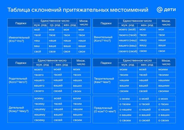 Таблица склонений притяжательных местоимений