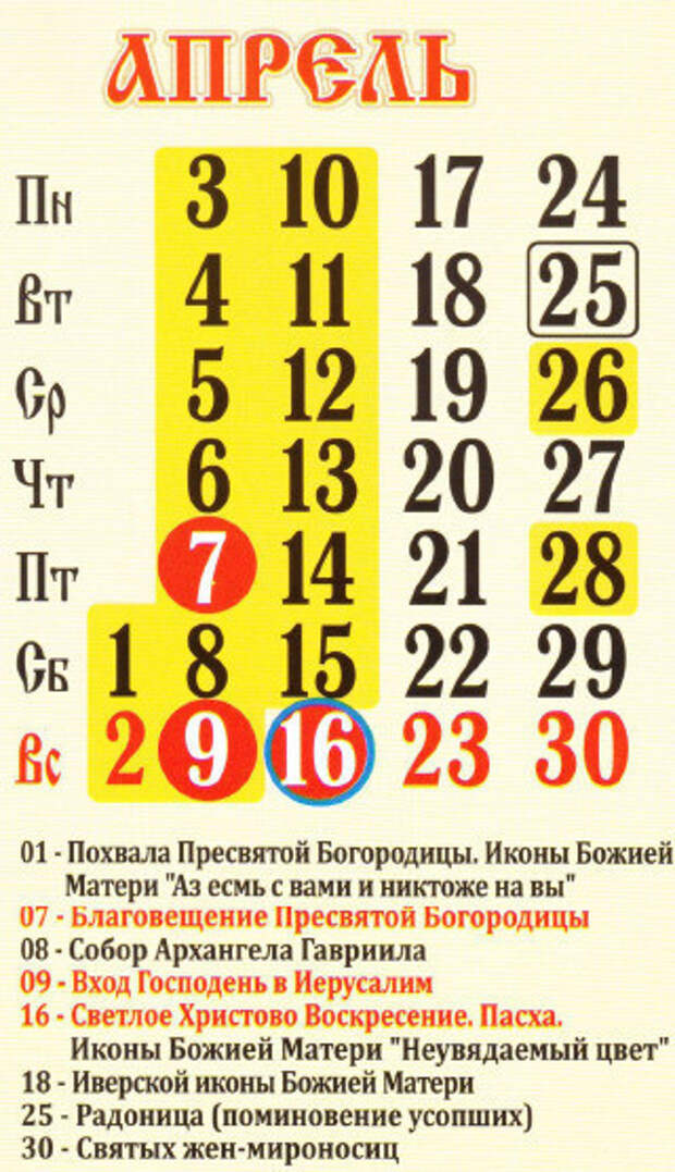 Церковный православный календарь на апрель