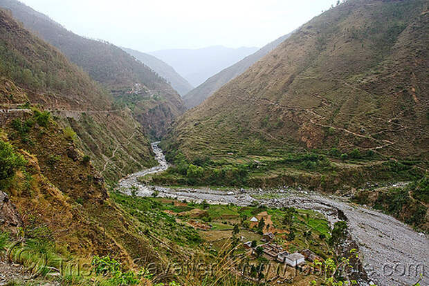 valley - road to ani - near jalori pass (india), ani, canyon, gorge, river, roads, valley, village