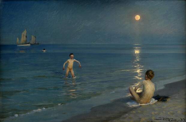 Копенгаген (СМК) Датская национальная галерея - Peder Severin Krøyer (1851-1909) - Boys Bathing at Skagen. Summer evenin