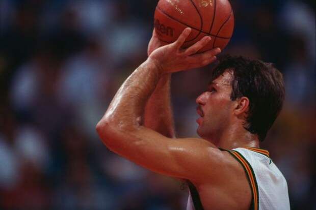 Lithuanian basketball player Sarunas Marciulionis playing for his national side against Venezuela at the Pavello Olimpic de Badalona, during the Olympic Games, Barcelona, Spain, 27th July 1992.