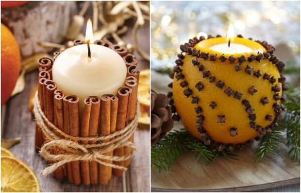 Украсьте свечу корицей или сделайте подсвечник из апельсина