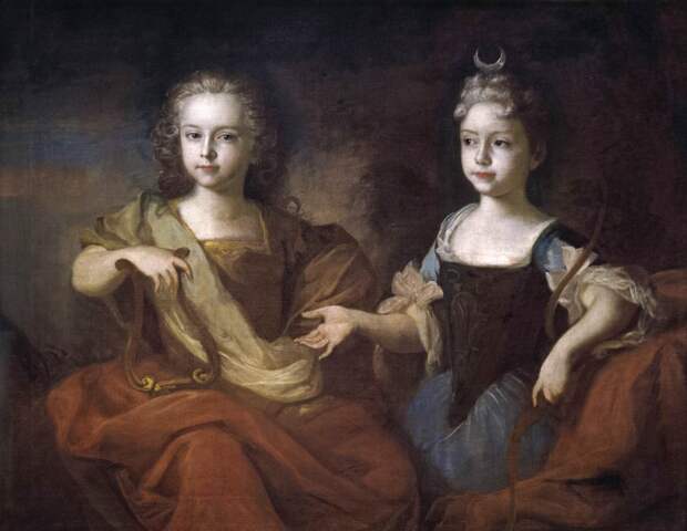 Наталья Алексеевна (справа) в образе Дианы в 8-летнем возрасте с братом, будущим Петром II, в образе Аполлона. Луи Каравак, 1722 г. 