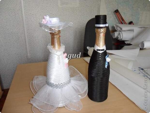 Декор предметов Мастер-класс Свадьба Аппликация Свадебные бутылочки и МК Ленты фото 25