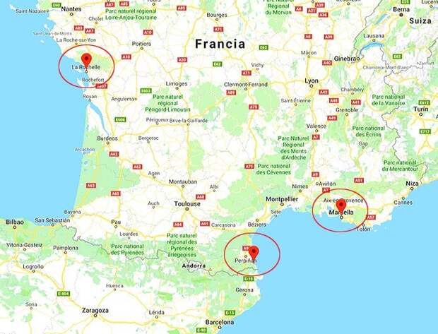 Расположение портов Ла-Рошель, Коллиур и Марсель.