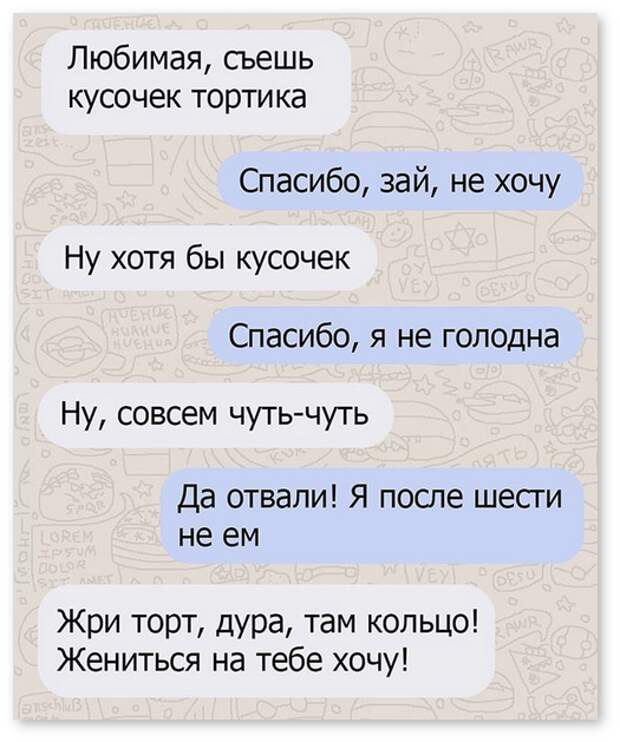 изображение: - Любимая, съешь кусочек тортика. - Спасибо, зай, не хочу. - Ну хотя бы кусочек. - Спасибо, я не голодна. - Ну, совсем чуть-чуть. - Отвали! Я после шести не ем.- Жри торт, дура, там кольцо! Жениться на тебе хочу! #CМС приколы