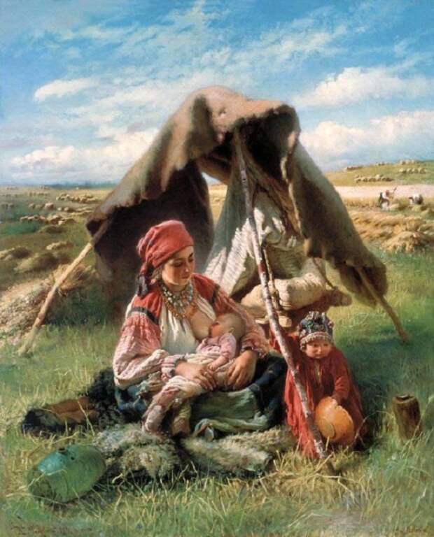 Мать с детьми в поле.
