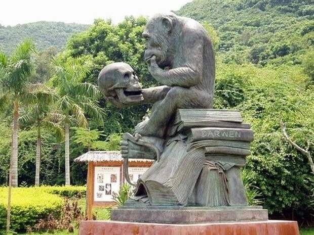 Философский памятник шимпанзе, сидящего на трудах Дарвина и разглядывающего череп человека, самому близкому к человеку по генетическому коду, животному (96% общих генов) Китай, Остров обезьян, Хайнянь.