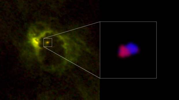 Движение газа вокруг сверхмассивной черной дыры в центре галактики M77. Газ, который движется по направлению к наблюдателю, показан синим, а то вещество, которое движется в противоположную сторону - красным. Credit: ALMA (ESO/NAOJ/NRAO), Imanishi et al.
