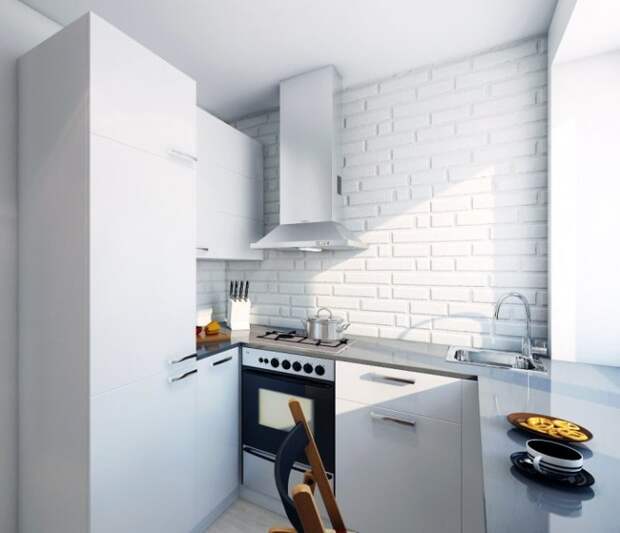Монохромный интерьер кухни, выполненный в белом цвете. | Фото: dizajnroom.ru.