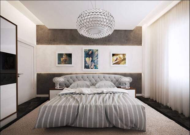 Крутой пример оформления спальной с добавлением серых оттенков, что выглядит просто отменно.