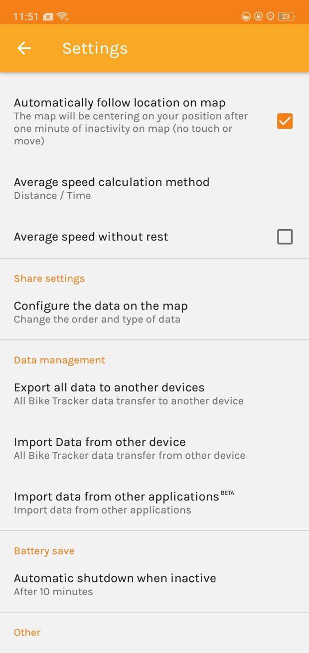 Settings on Bike tracker