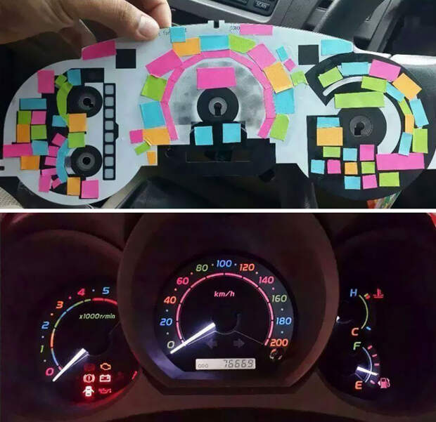 Someone Used Post-It Notes To Color Dashboard Lights