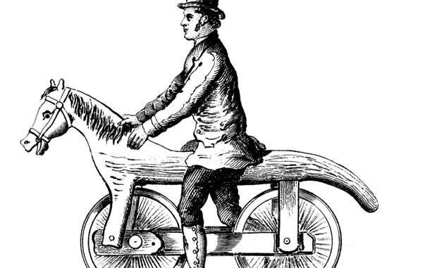 Протовелосипед Название «велосипед» появилось во Франции в 1860-х годах. А до того некий барон Карл фон Дрэ запатентовал вот это устройство, которое стало весьма популярным: целый год, с 1819 по 1820, состоятельные парижане и в самом деле выходили на улицу в компании протовелосипеда.