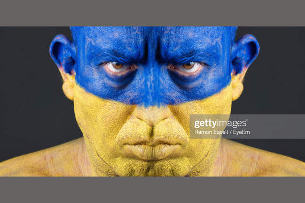 Man Ukrainian Flag Body Paint
