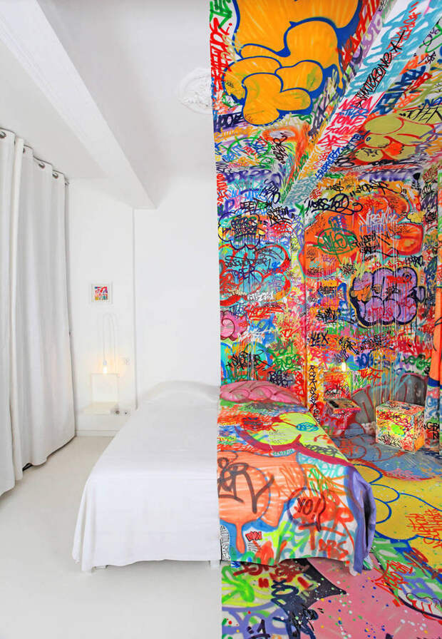 3. Французский граффити-художник Tilt необычно оформил комнату отеля, разделив ее на две части - белую и расписанную  мир, реальность, фотография