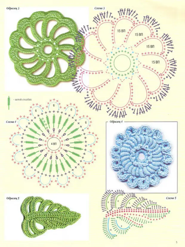 Листики и цветочки крючком со схемами