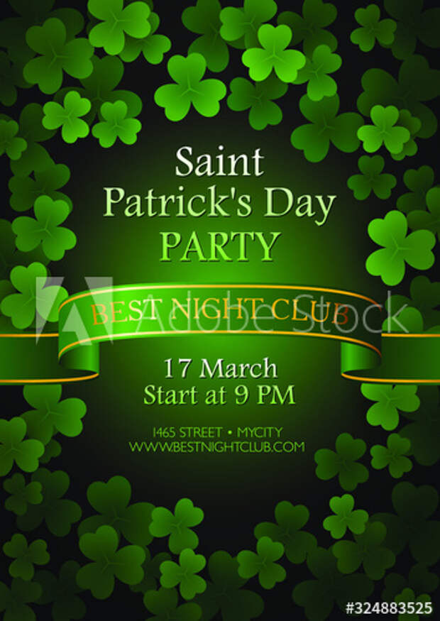 Saint Patricks Day Party invitation template with irish shamrocks leaves on green 