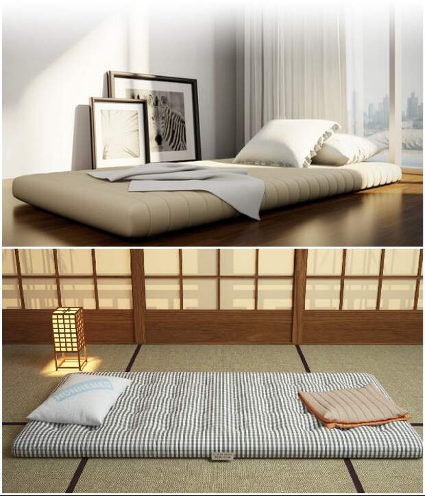 Нескольких подушек и матраса – вполне достаточно для организации зоны сна японца. | Фото: matrasum.ru/ on2architects.com. 