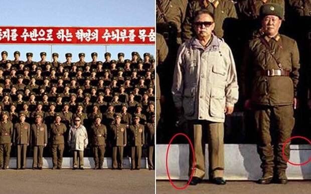Фотография Ким Чен Ира и его армии, сделанная в 2008 году, оказалась «Фотошопом». Обратите внимание на тени от ног солдат и от ног лидера нации. Ким Чен Ир, похоже, на этом снимке изначально отсутствовал.