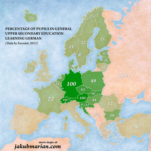 Процент учащихся в старших классах, который изучает немецкий язык Jakub Marian, карта, картография, карты