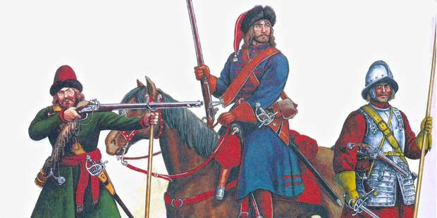Русский стрелец-"мушкетер", драгун и пикинер из полков "нового строя", XVII век.